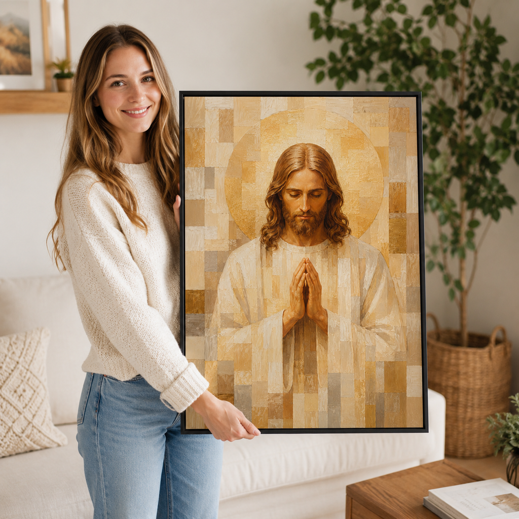 Neutral Geometric Praying Jesus Canvas Wall Art - Modern Christian Decor