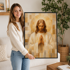 Neutral Geometric Praying Jesus Canvas Wall Art - Modern Christian Decor