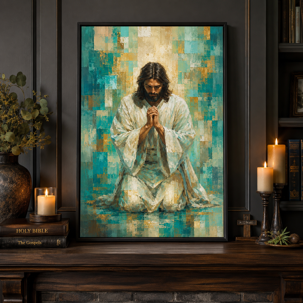 Divine Radiance: Premium Teal & Gold Jesus Canvas