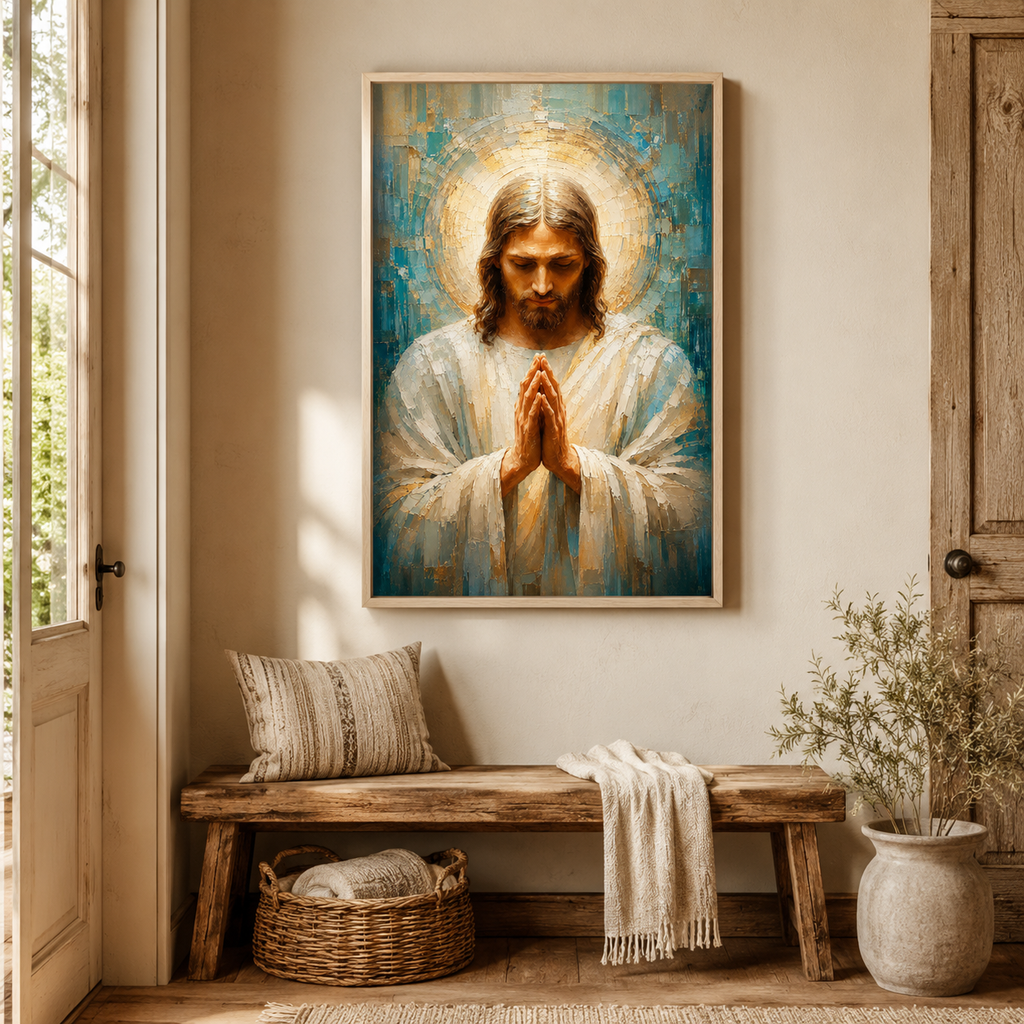 Impasto Jesus in Prayer Canvas Print - Blue Religious Wall Decor