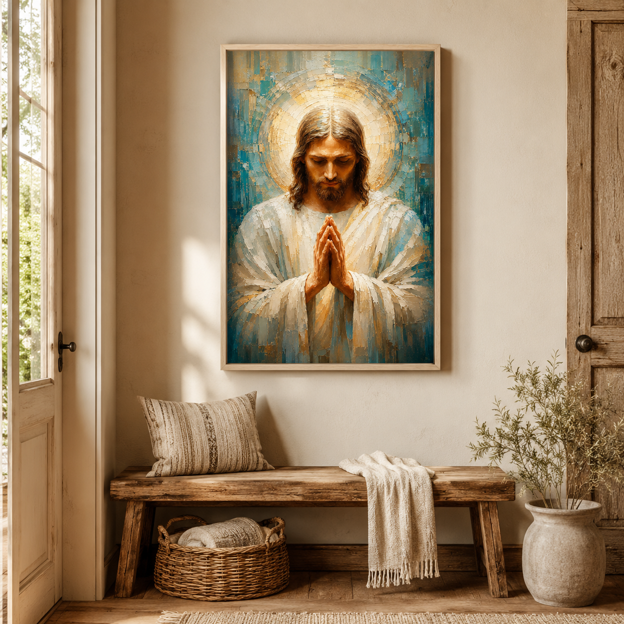 Impasto Jesus in Prayer Canvas Print - Blue Religious Wall Decor