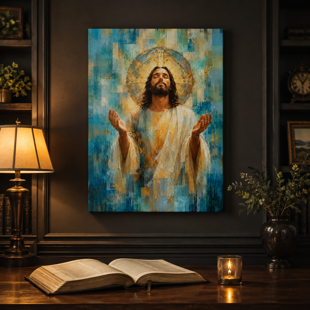 The Divine Embrace: Premium Blue & Gold Jesus Canvas