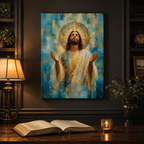 The Divine Embrace: Premium Blue & Gold Jesus Canvas