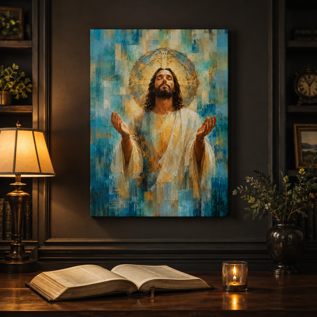The Divine Embrace: Premium Blue & Gold Jesus Canvas