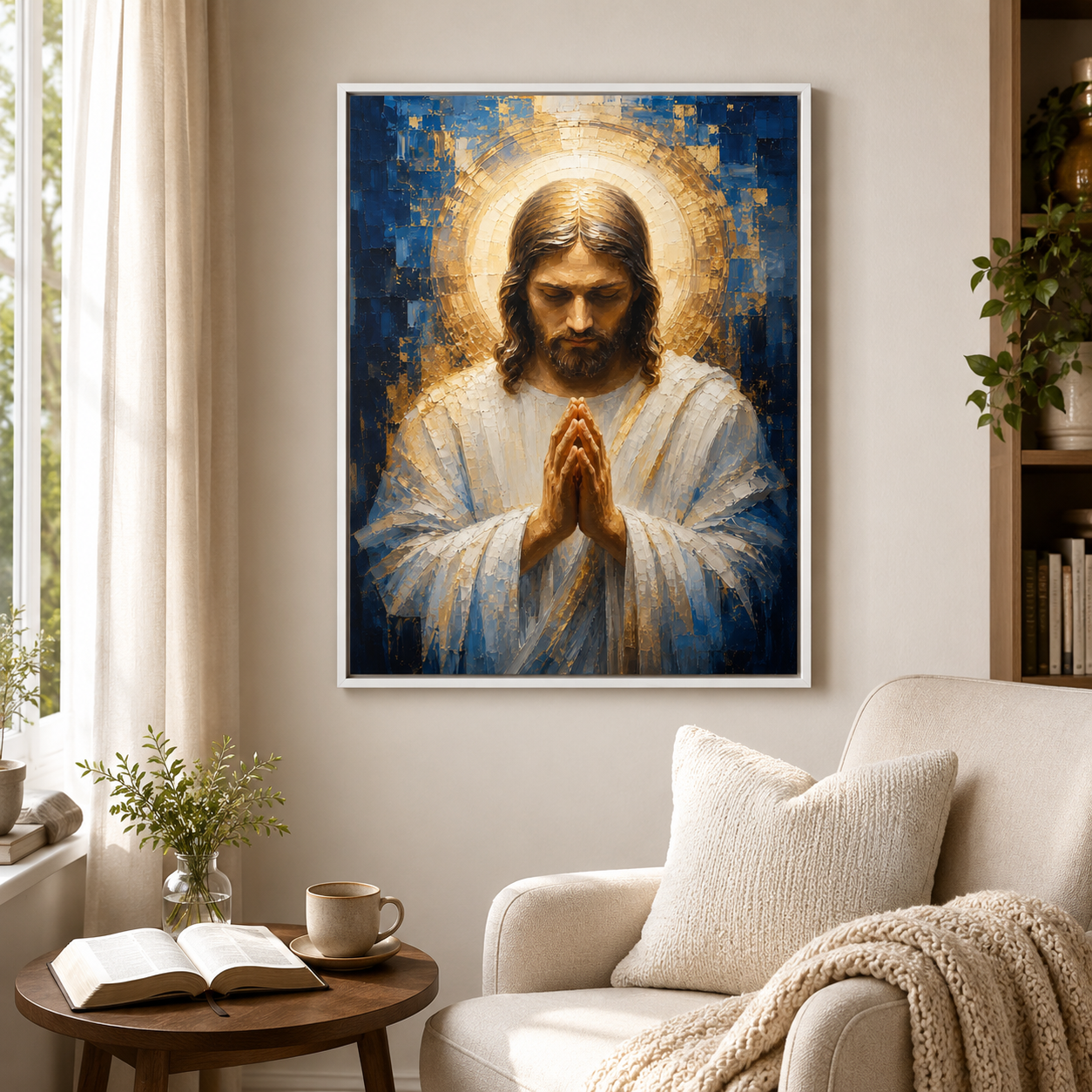 Blue and Gold Praying Jesus Canvas Wall Art - Textured Christian Decor