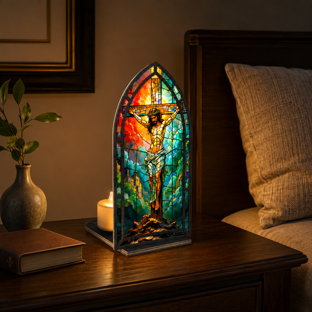 Sacred Heart Jesus Tabletop Decor: Stained Glass Aesthetic (Premium Acrylic & Wood - No Candles))