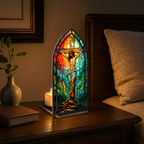 Sacred Heart Jesus Tabletop Decor: Stained Glass Aesthetic (Premium Acrylic & Wood - No Candles))