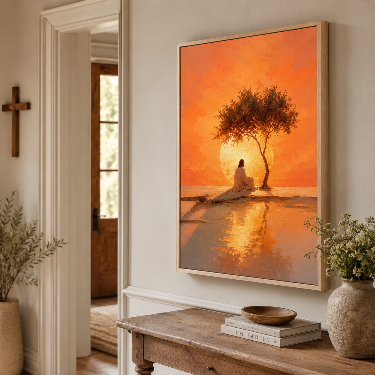 The Glowing Dawn: Premium Jesus Landscape Canvas