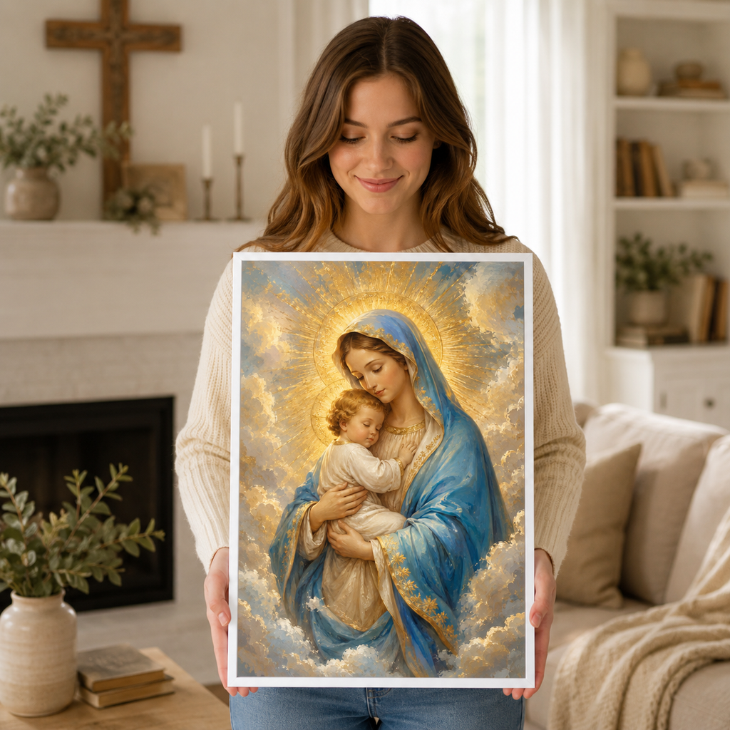 Radiant Grace: High-End Virgin Mary & Child Wall Art
