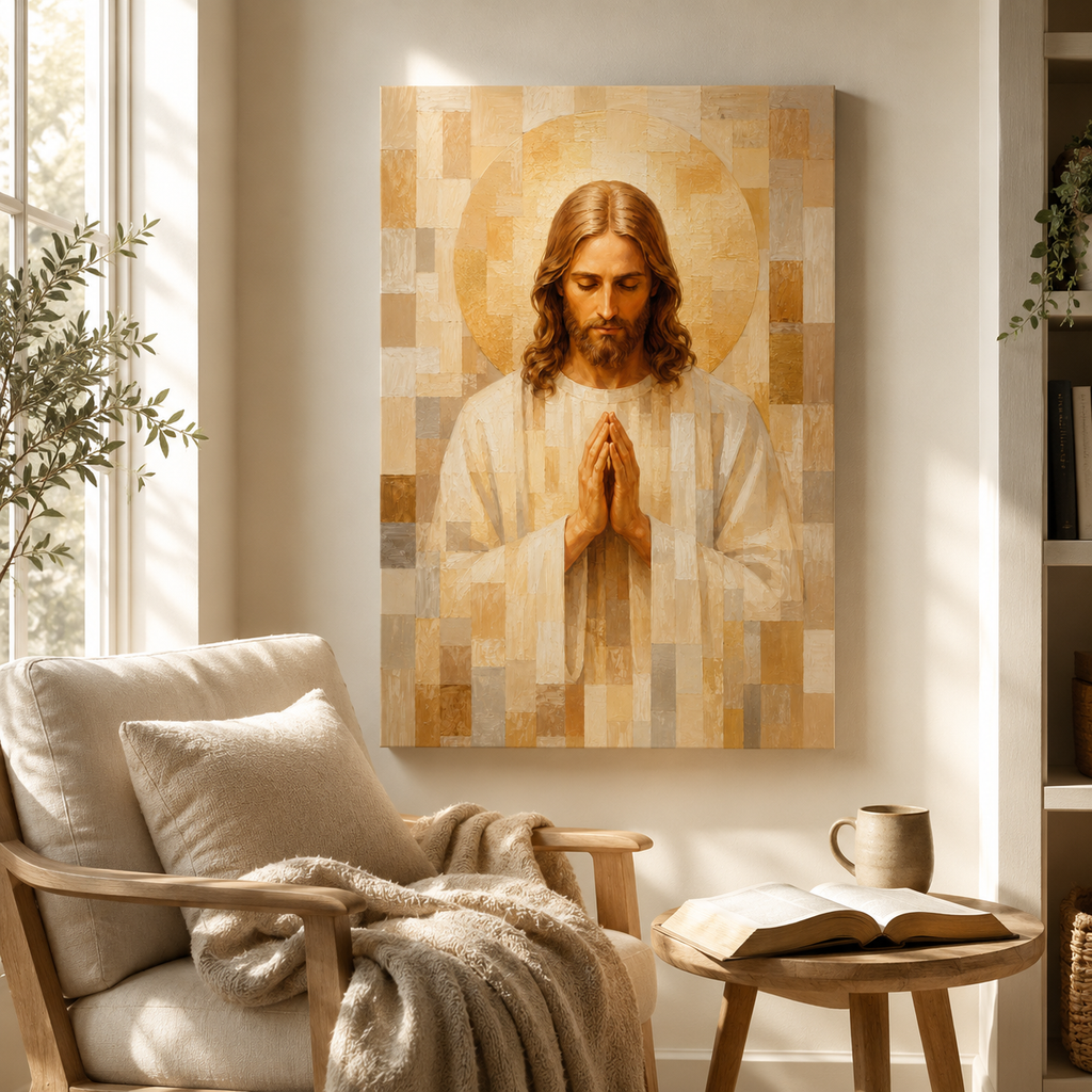 Neutral Geometric Praying Jesus Canvas Wall Art - Modern Christian Decor