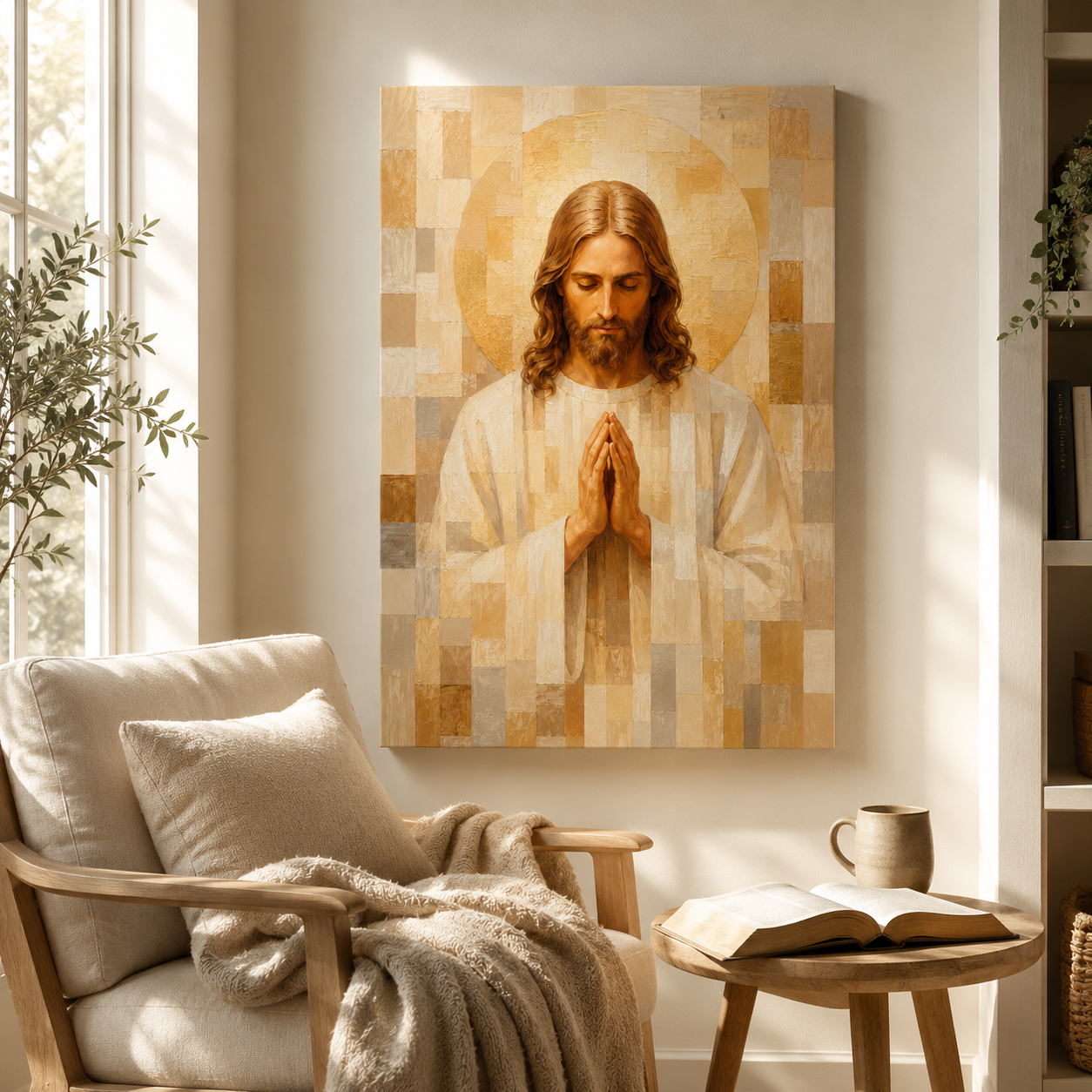 Neutral Geometric Praying Jesus Canvas Wall Art - Modern Christian Decor