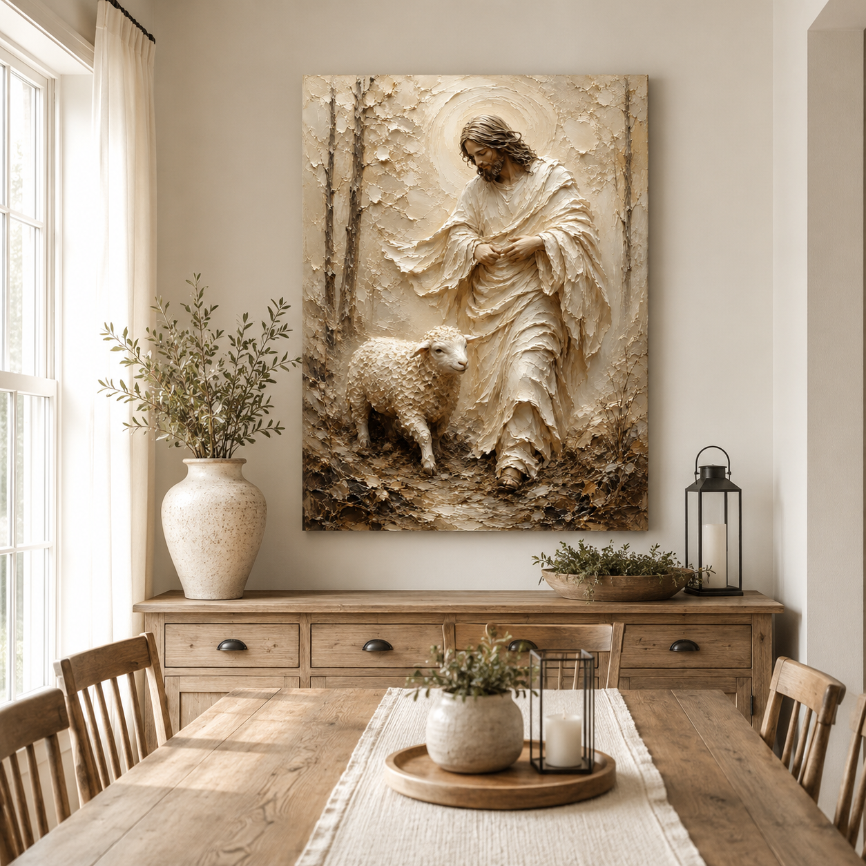 Jesus and Lamb Impasto Style Canvas Print - Modern Farmhouse Religious Art