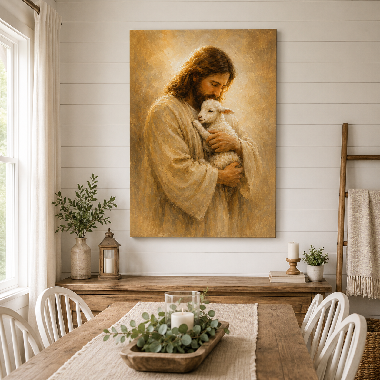 The Good Shepherd Jesus and Lamb Canvas Wall Art - Christian Home Decor