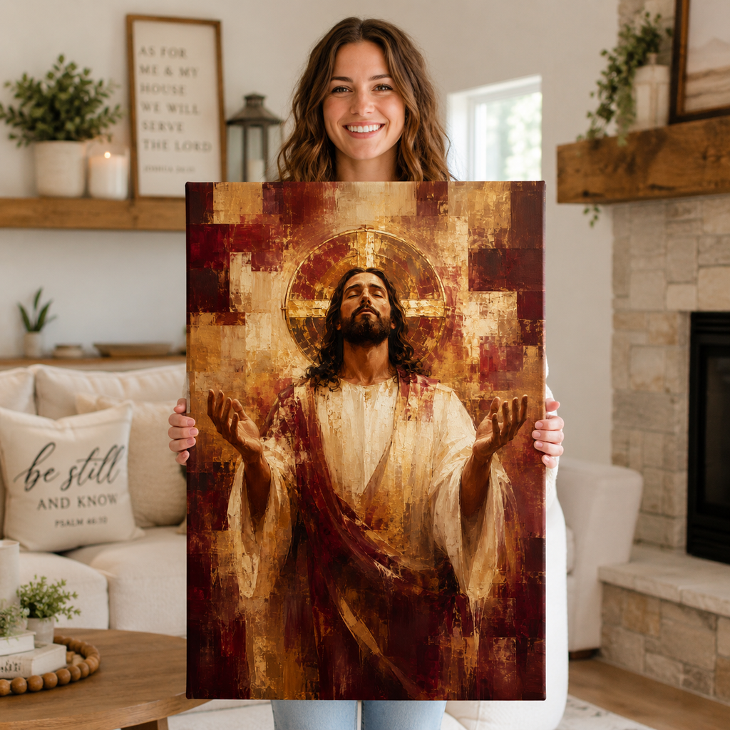 The Divine Surrender: Premium Burgundy & Gold Jesus Canvas