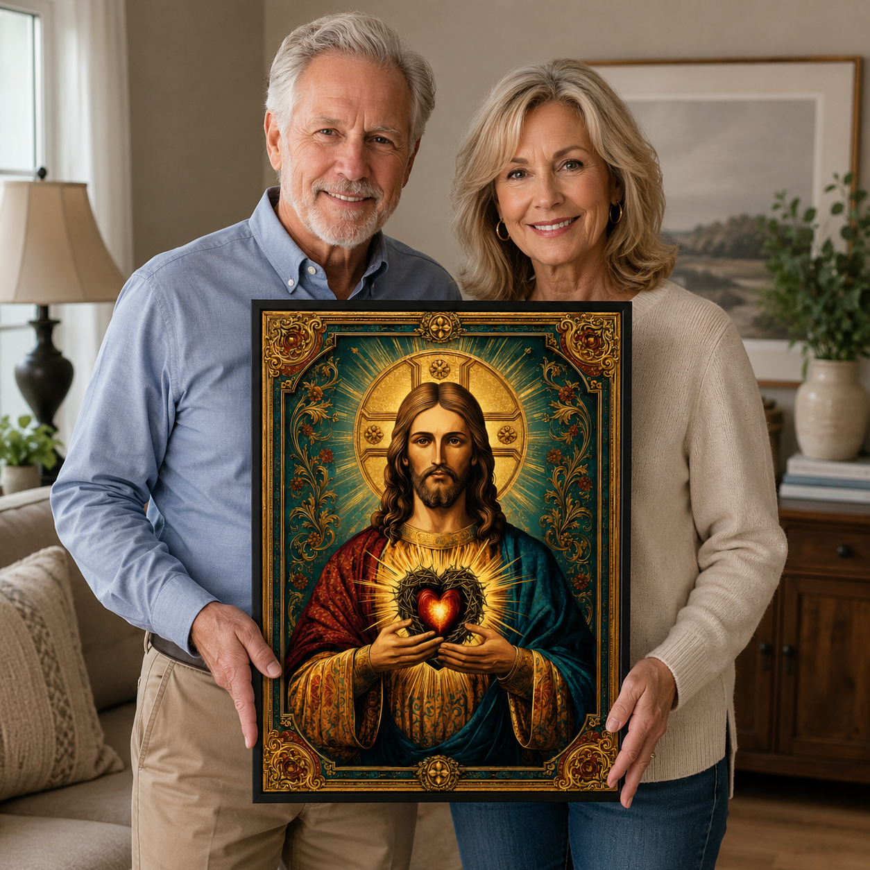 Sacred Heart of Jesus Canvas Wall Art, Catholic Christian Jesus Portrait, Vintage Religious Wall Decor, Framed Christian Gift