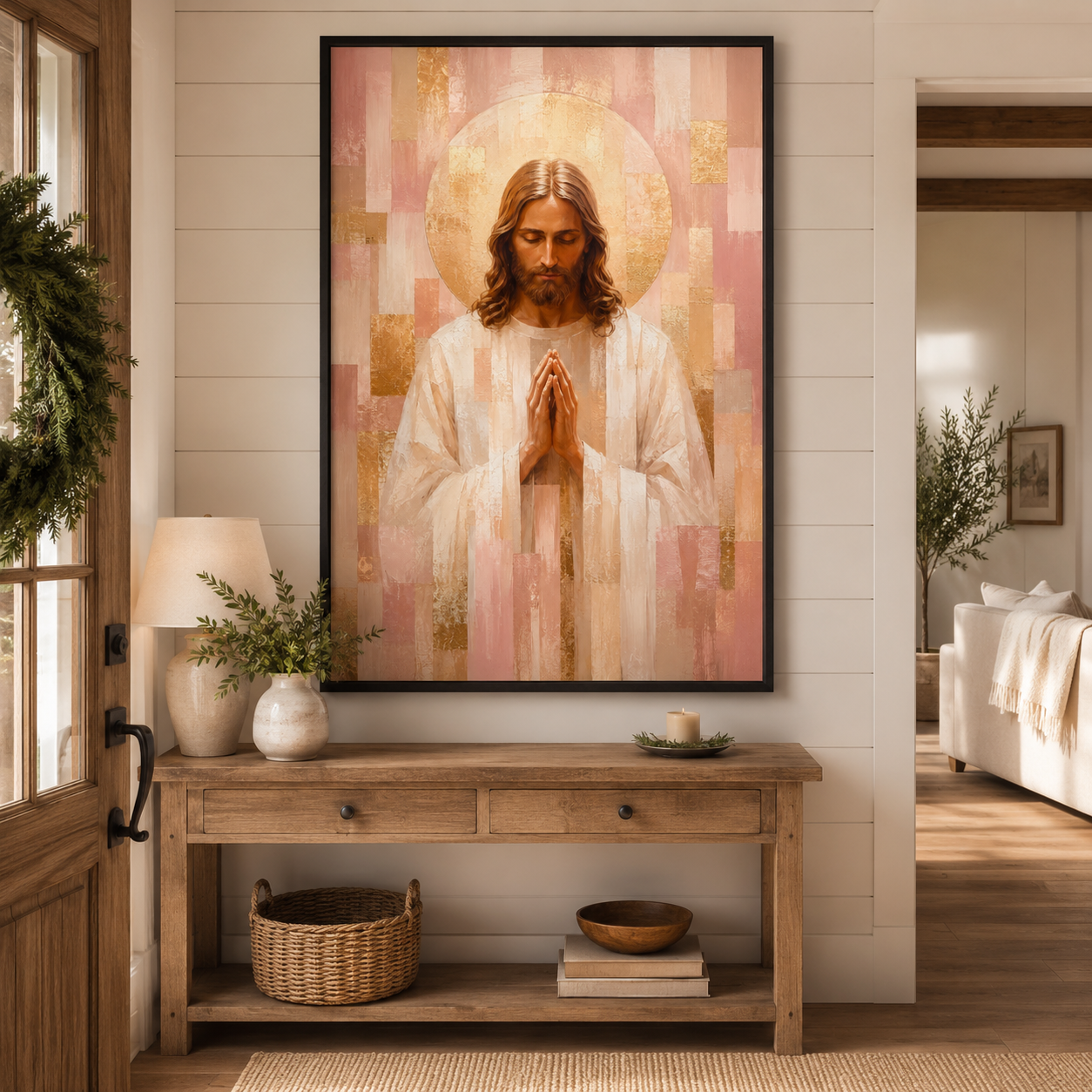 Blush Pink and Gold Geometric Praying Jesus Canvas - Modern Christian Decor