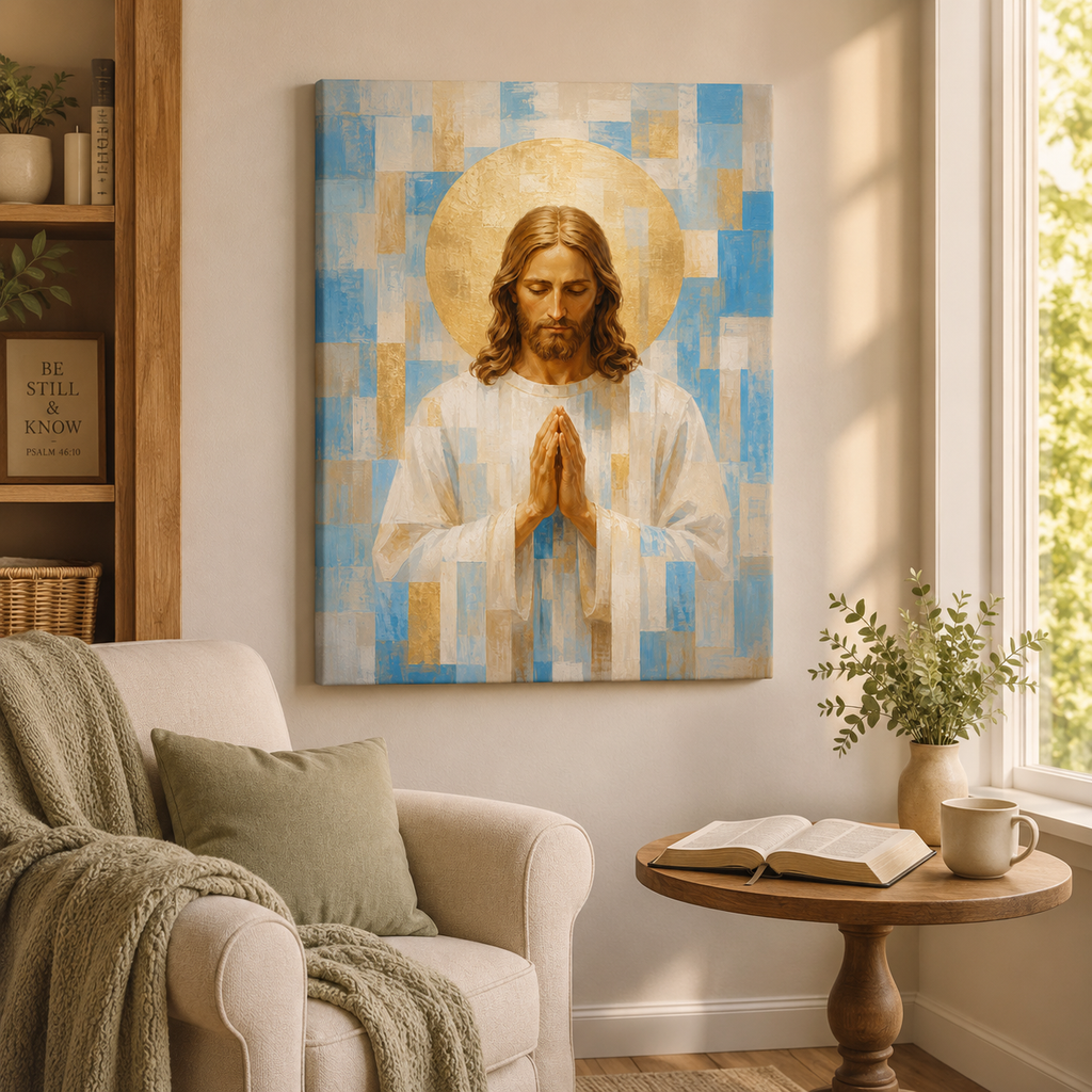 Light Blue and Gold Geometric Praying Jesus Canvas - Modern Christian Decor