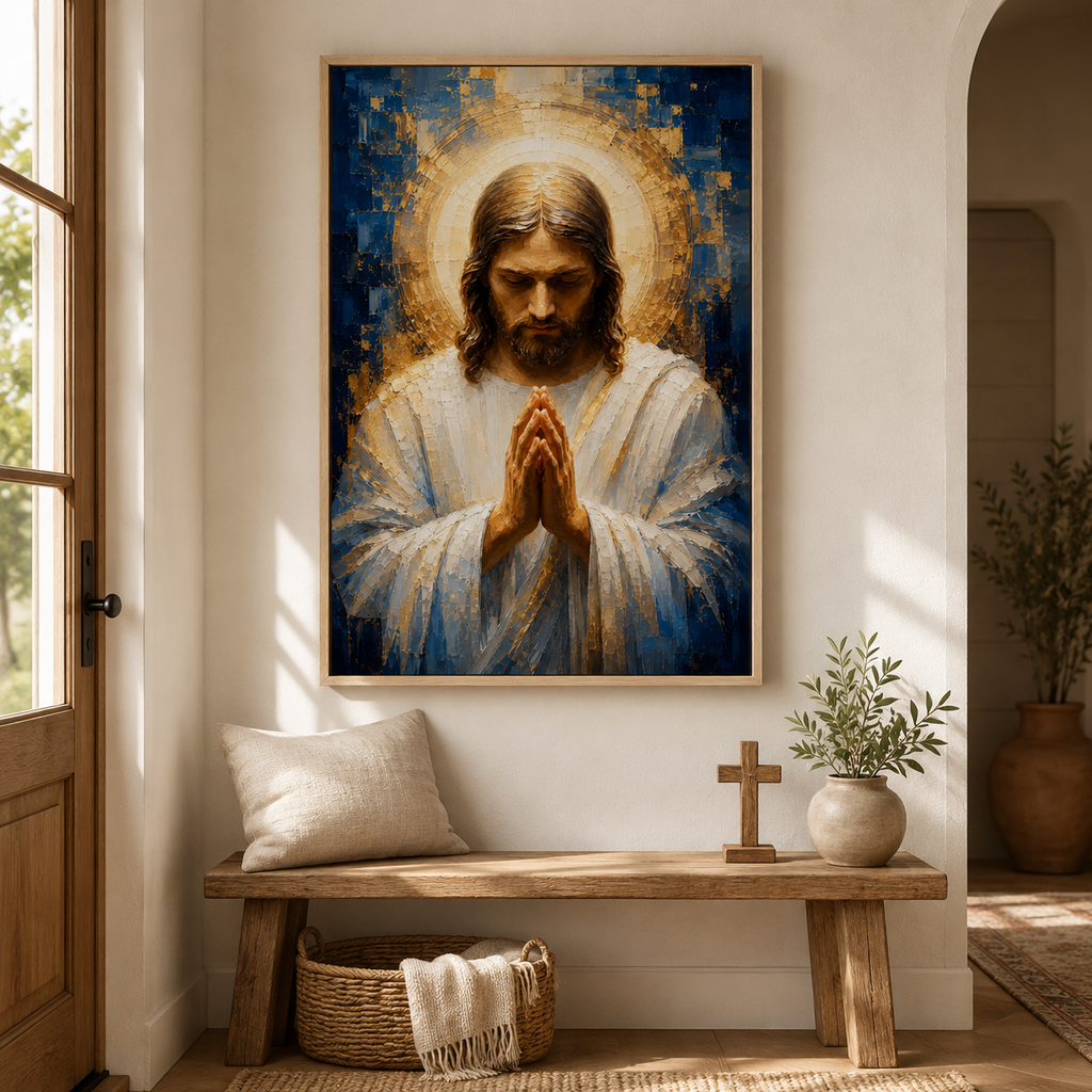 Blue and Gold Praying Jesus Canvas Wall Art - Textured Christian Decor