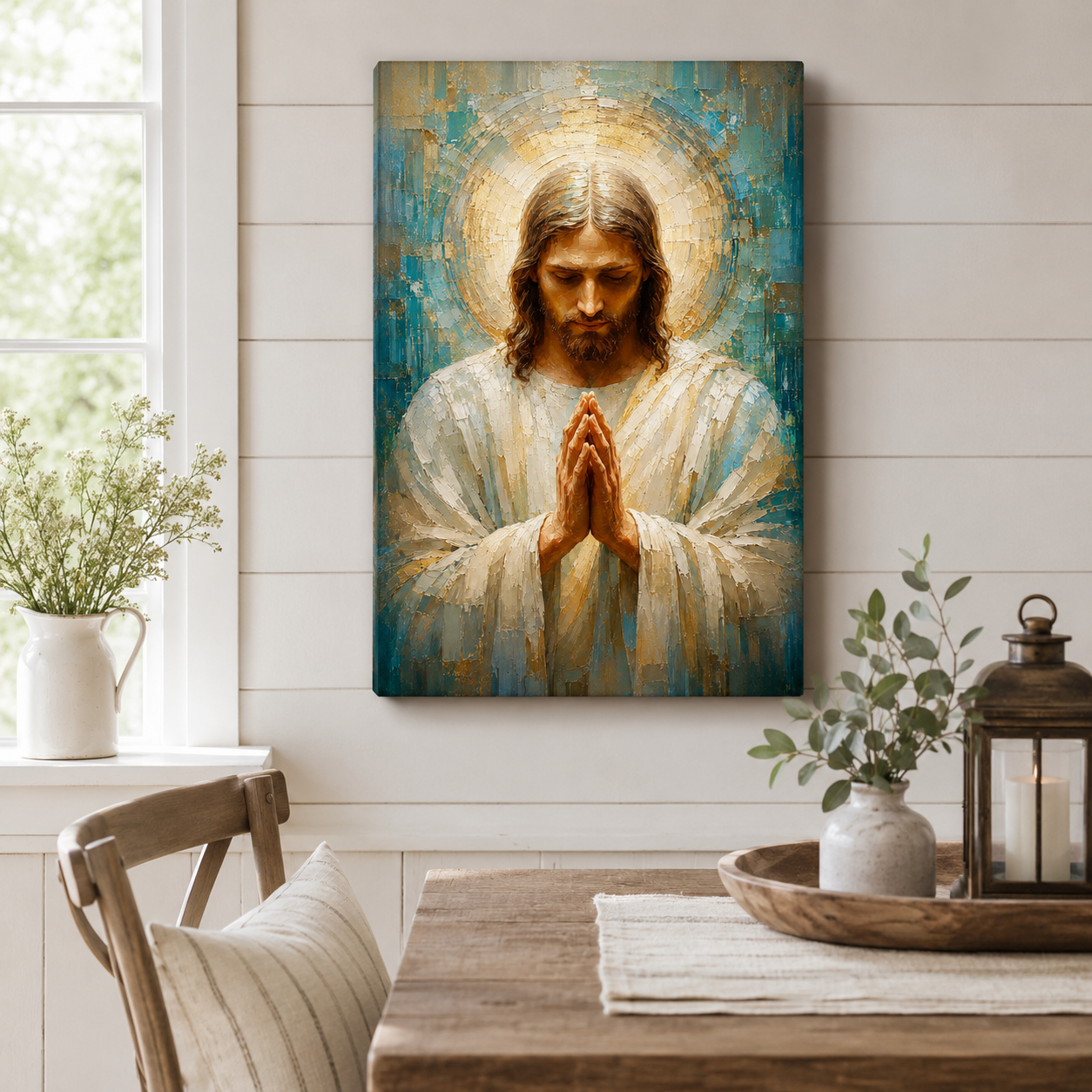 Impasto Jesus in Prayer Canvas Print - Blue Religious Wall Decor
