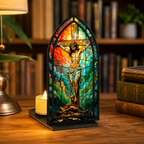 Sacred Heart Jesus Tabletop Decor: Stained Glass Aesthetic (Premium Acrylic & Wood - No Candles))