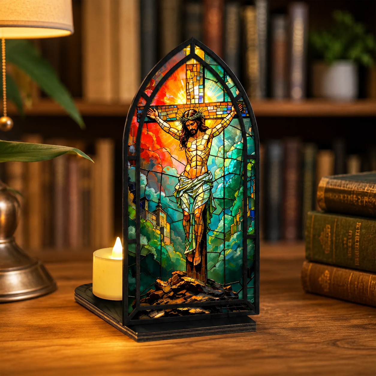 Sacred Heart Jesus Tabletop Decor: Stained Glass Aesthetic (Premium Acrylic & Wood - No Candles))