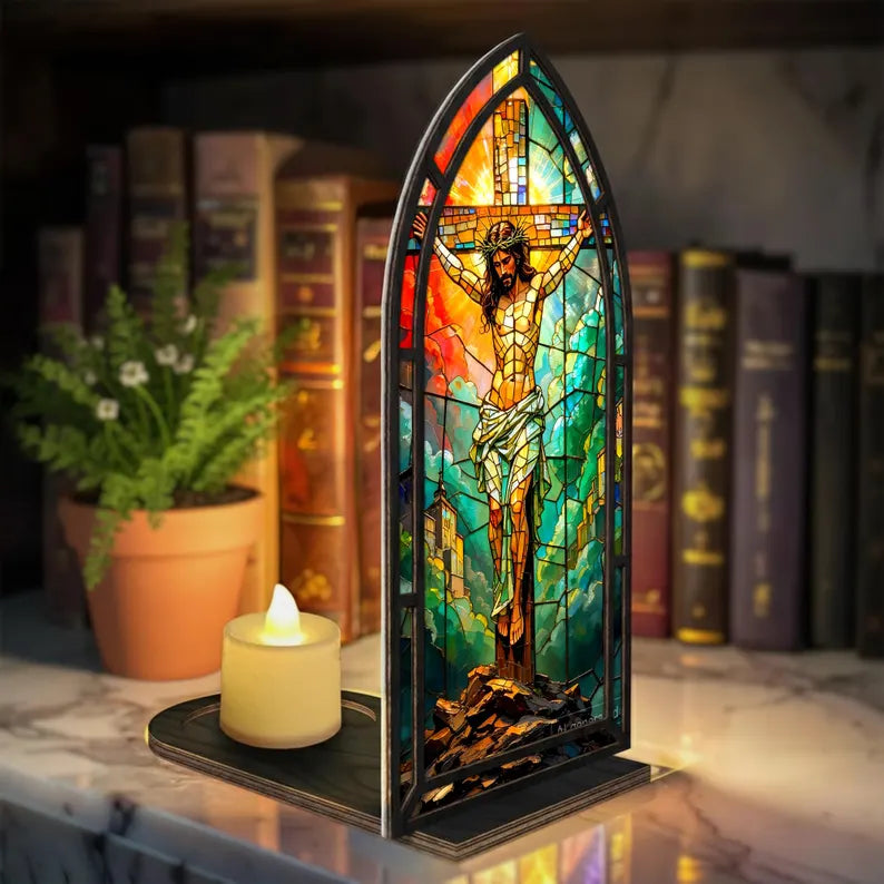 Sacred Heart Jesus Tabletop Decor: Stained Glass Aesthetic (Premium Acrylic & Wood - No Candles))