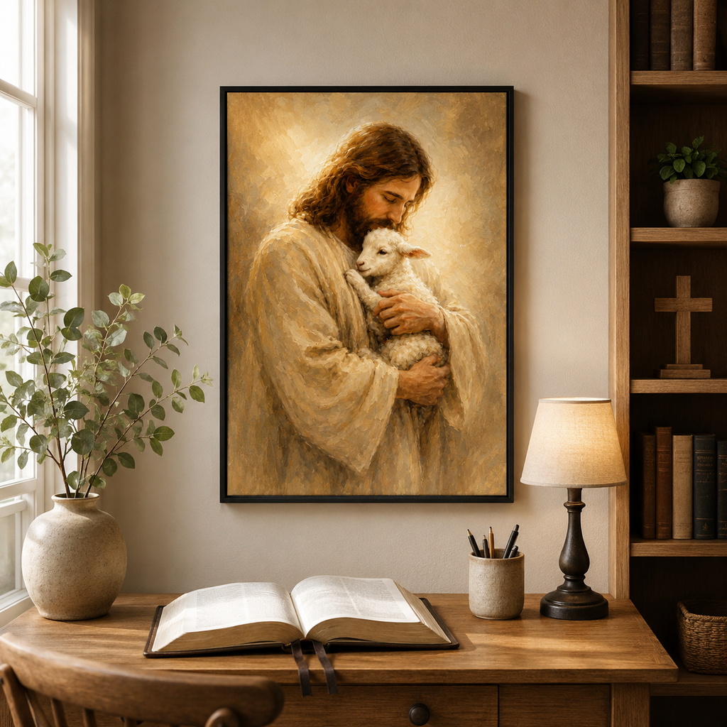 The Good Shepherd Jesus and Lamb Canvas Wall Art - Christian Home Decor