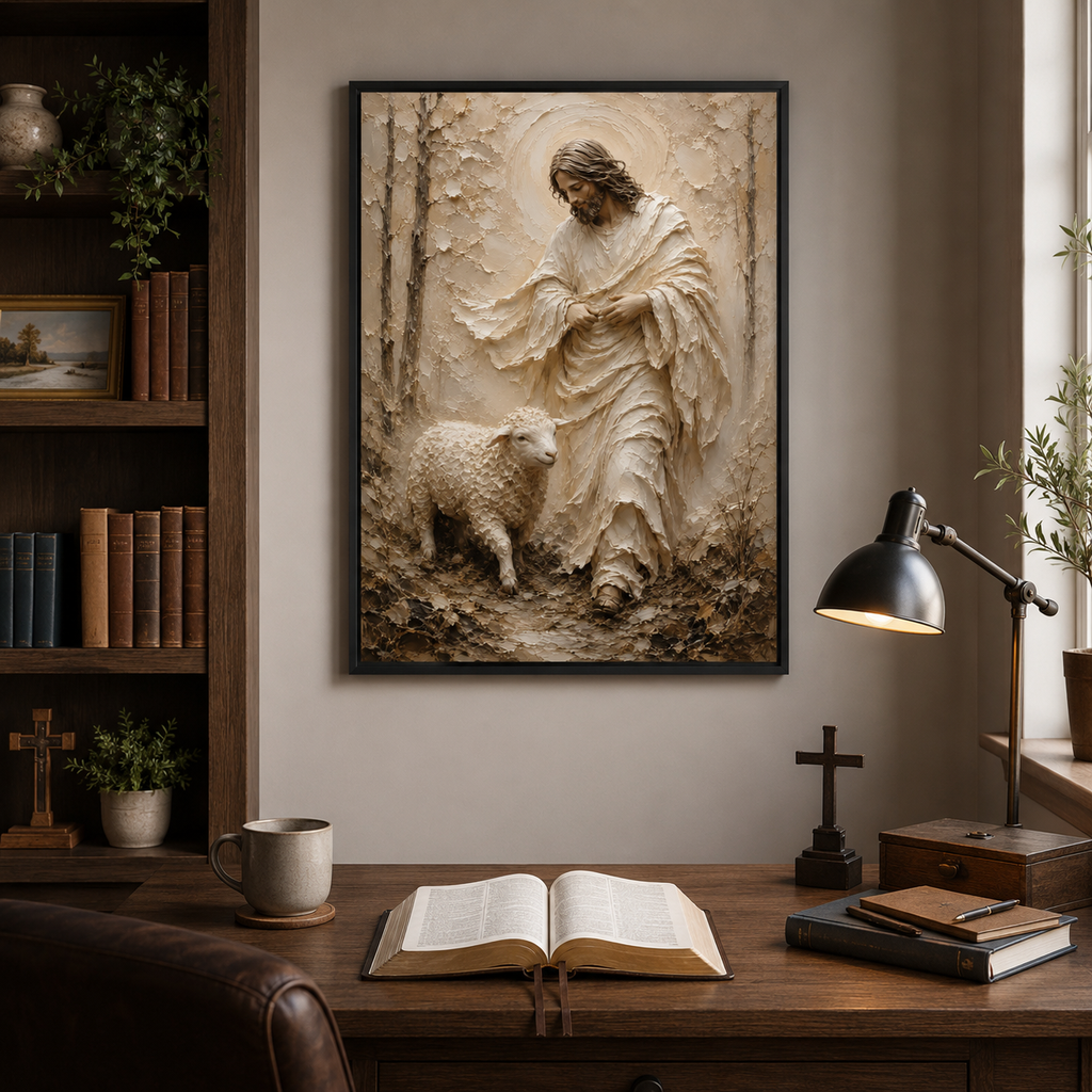 Jesus and Lamb Impasto Style Canvas Print - Modern Farmhouse Religious Art