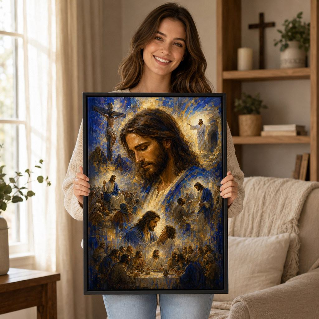 Impressionist Jesus Journey Montage Canvas Print - Blue Religious Wall Decor