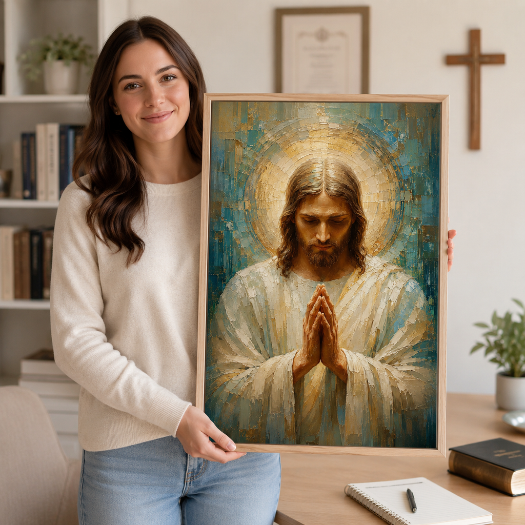 Impasto Jesus in Prayer Canvas Print - Blue Religious Wall Decor