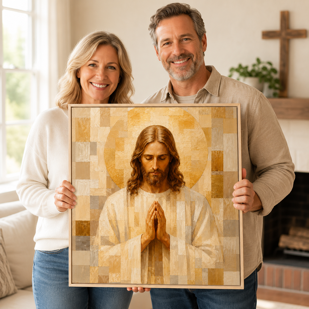 Neutral Geometric Praying Jesus Canvas Wall Art - Modern Christian Decor