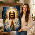 Blue and Gold Praying Jesus Canvas Wall Art - Textured Christian Decor