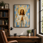 Light Blue and Gold Geometric Praying Jesus Canvas - Modern Christian Decor