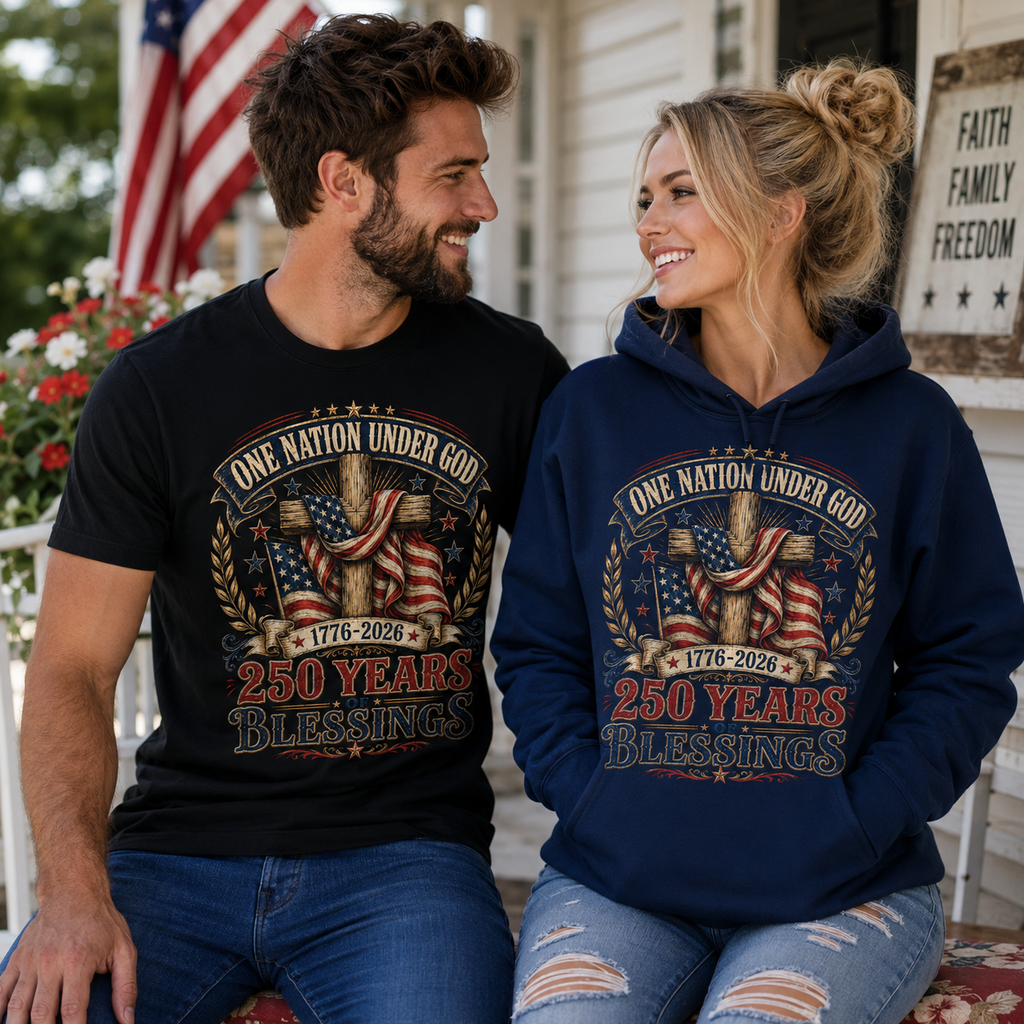 One Nation Under God 250 Years Blessings Unisex T-shirt, Women's T-shirt, Unisex Long Sleeve, Sweatshirt, Hoodie, Zip Hoodie