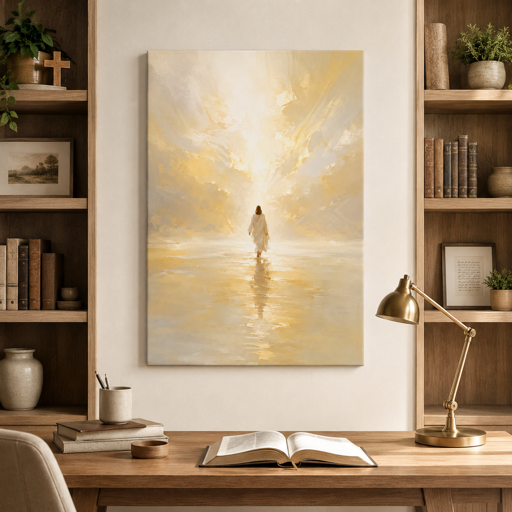 Abstract "Into the Light" Jesus Canvas Wall Art - Golden Christian Home Decor