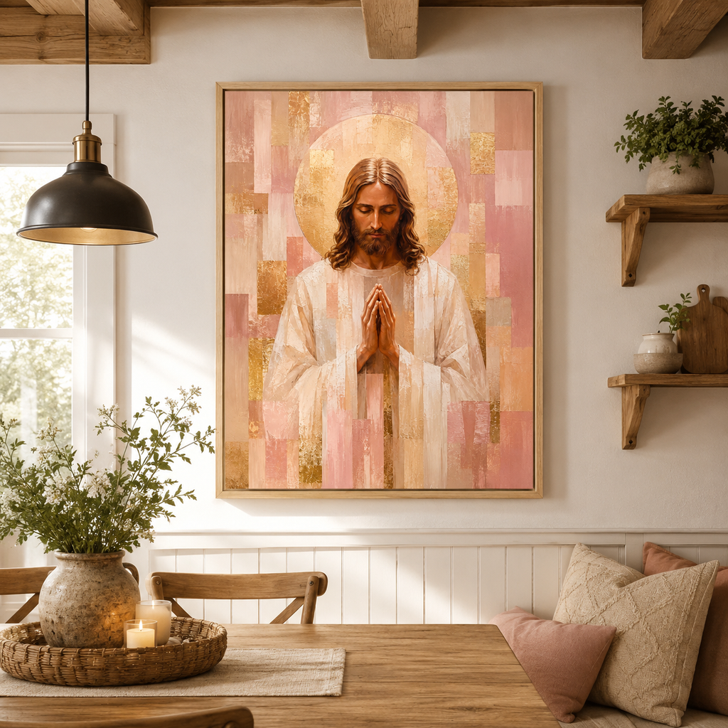 Blush Pink and Gold Geometric Praying Jesus Canvas - Modern Christian Decor
