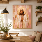 Blush Pink and Gold Geometric Praying Jesus Canvas - Modern Christian Decor