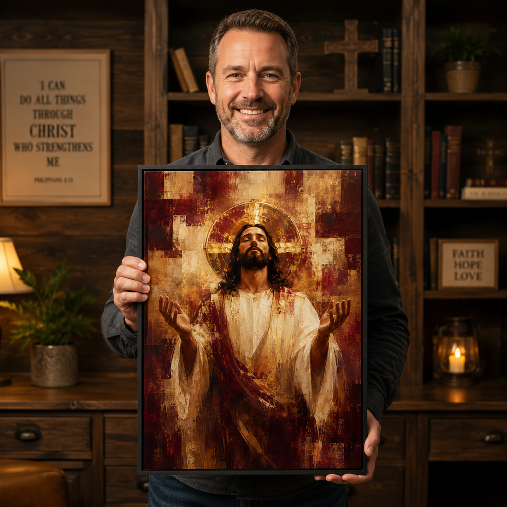The Divine Surrender: Premium Burgundy & Gold Jesus Canvas