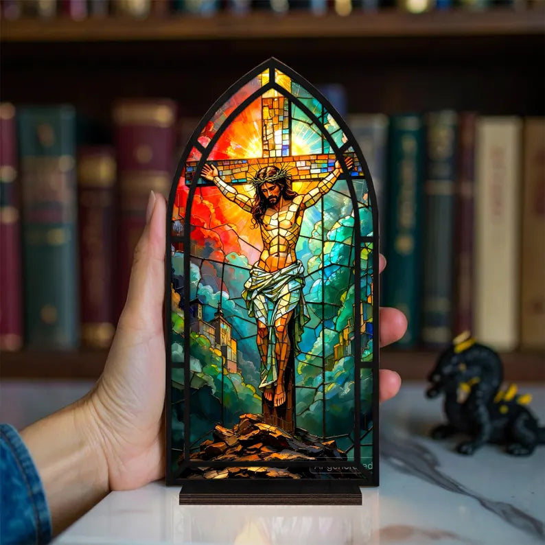 Sacred Heart Jesus Tabletop Decor: Stained Glass Aesthetic (Premium Acrylic & Wood - No Candles))