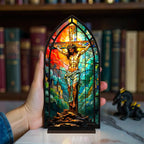 Sacred Heart Jesus Tabletop Decor: Stained Glass Aesthetic (Premium Acrylic & Wood - No Candles))