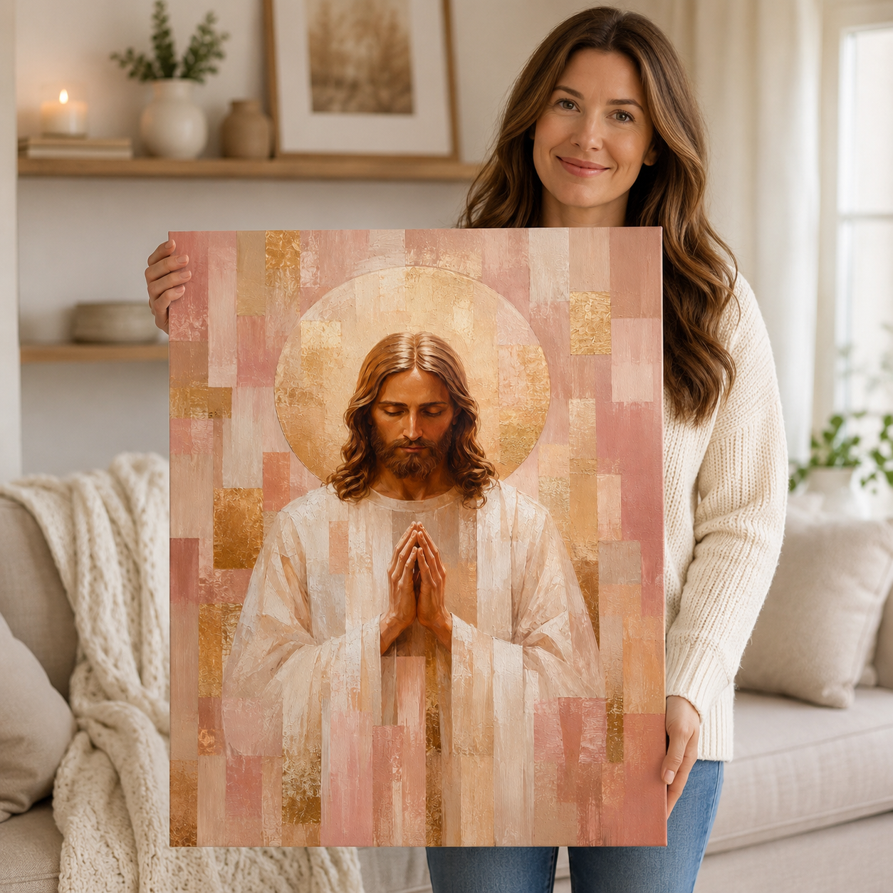 Blush Pink and Gold Geometric Praying Jesus Canvas - Modern Christian Decor