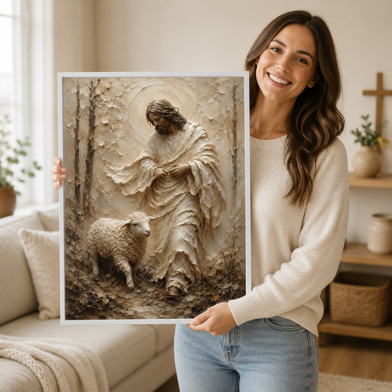Jesus and Lamb Impasto Style Canvas Print - Modern Farmhouse Religious Art