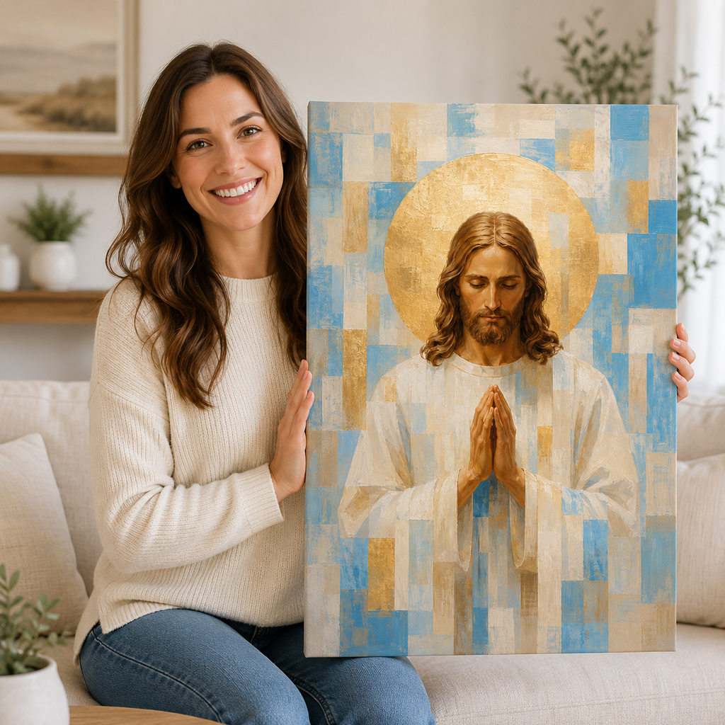 Light Blue and Gold Geometric Praying Jesus Canvas - Modern Christian Decor