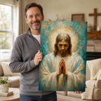 Impasto Jesus in Prayer Canvas Print - Blue Religious Wall Decor