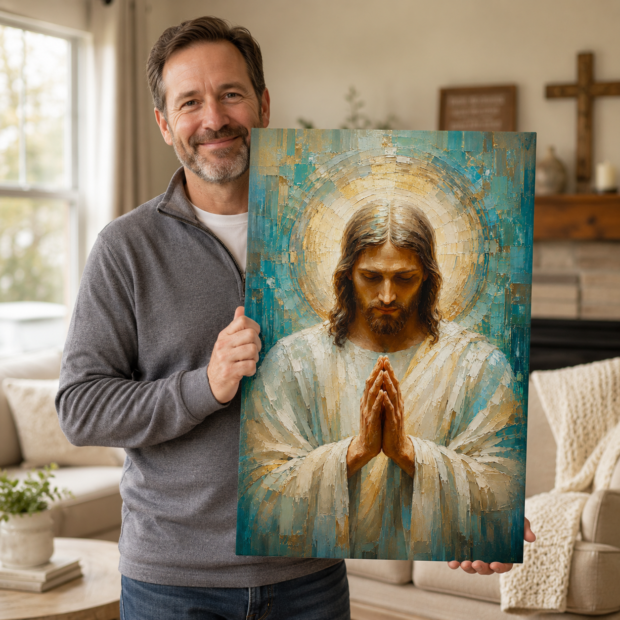 Impasto Jesus in Prayer Canvas Print - Blue Religious Wall Decor