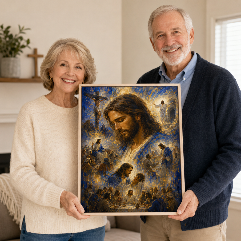 Impressionist Jesus Journey Montage Canvas Print - Blue Religious Wall Decor