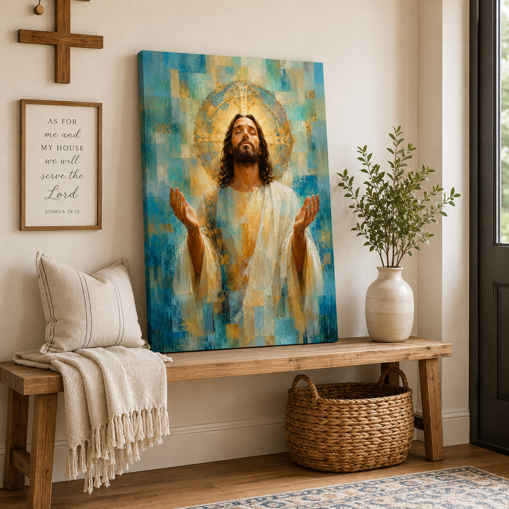 The Divine Embrace: Premium Blue & Gold Jesus Canvas