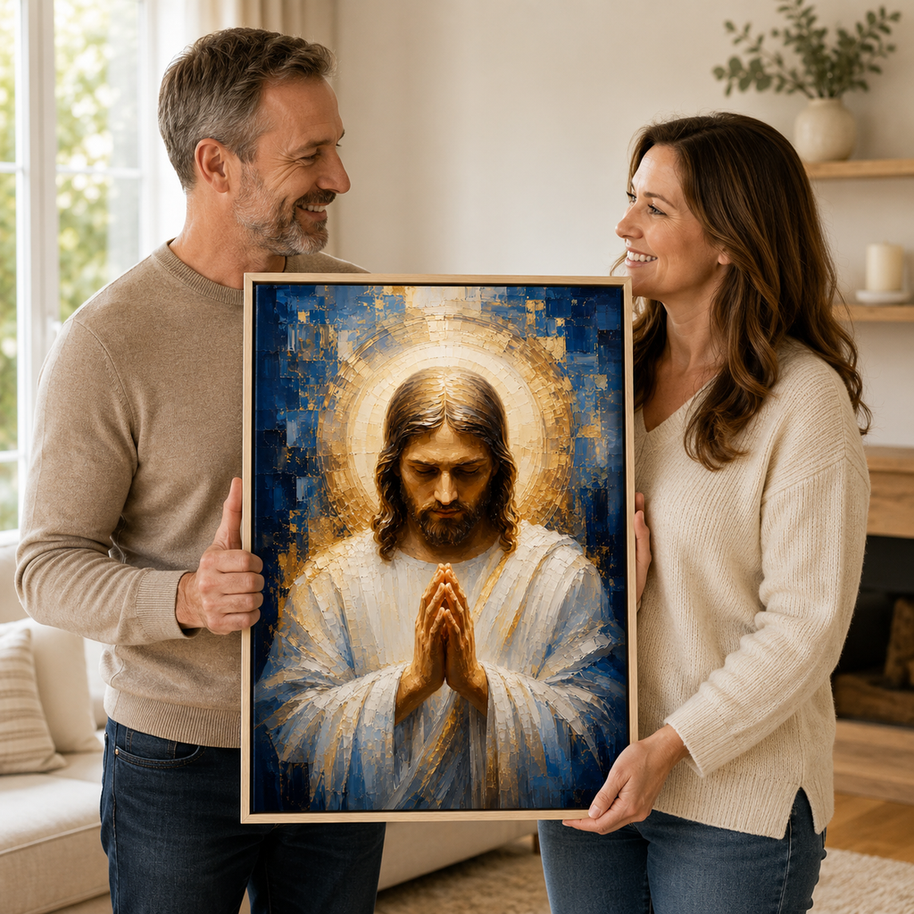 Blue and Gold Praying Jesus Canvas Wall Art - Textured Christian Decor