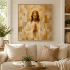 Neutral Geometric Praying Jesus Canvas Wall Art - Modern Christian Decor