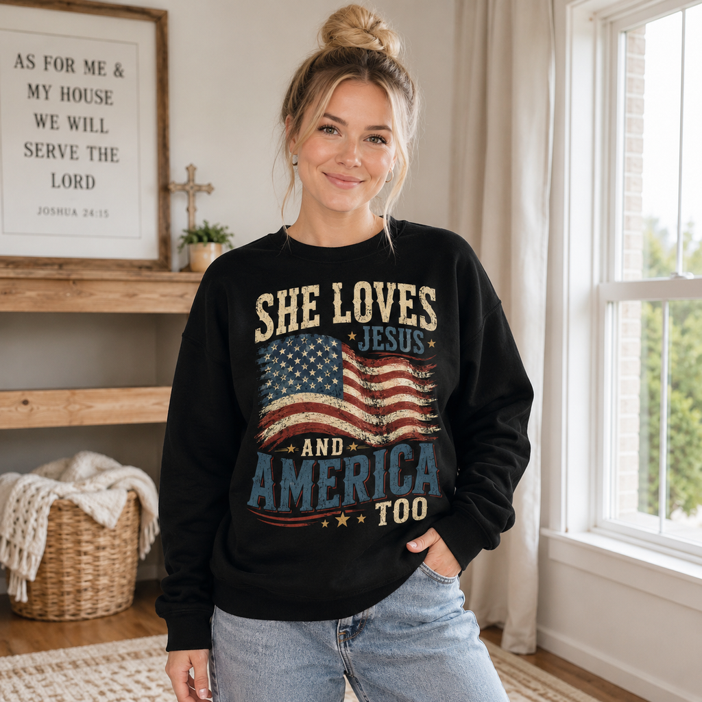She Loves Jesus And America Too Unisex T-shirt, Women's T-shirt, Unisex Long Sleeve, Sweatshirt, Hoodie, Zip Hoodie